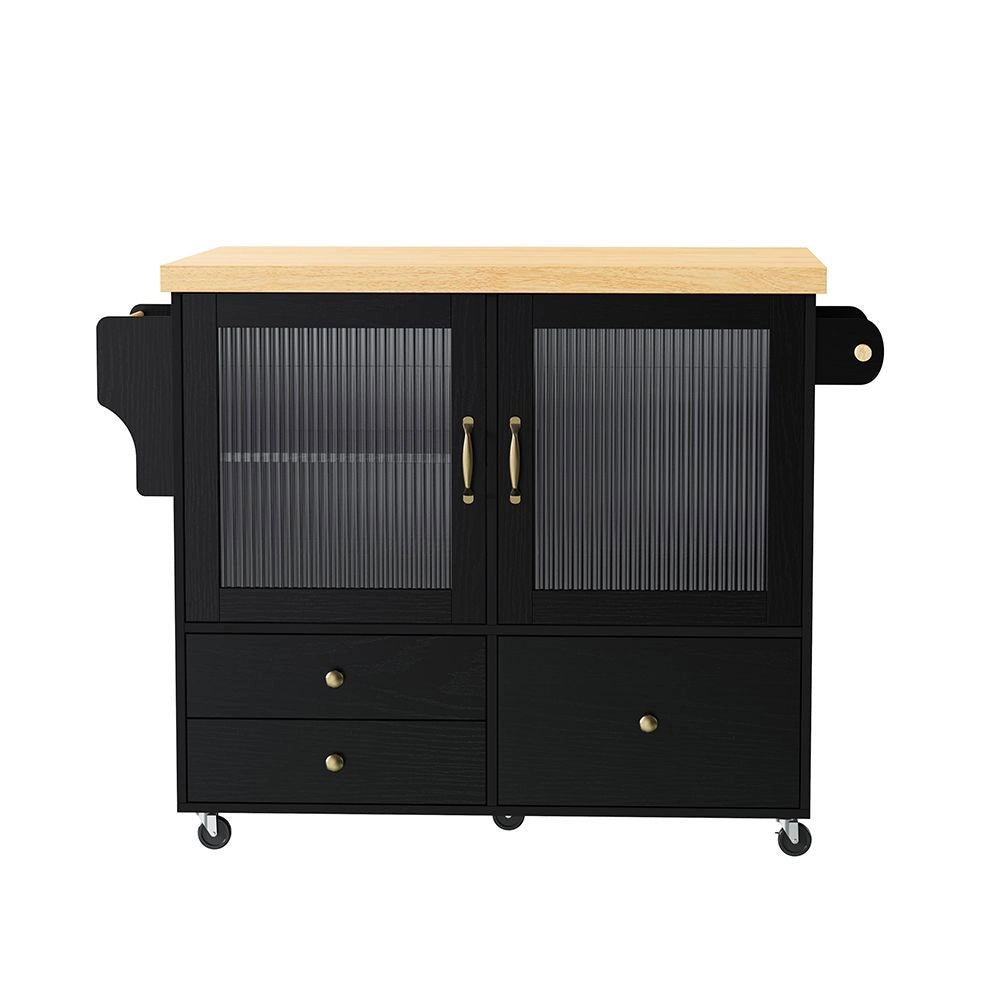 Isola da cucina mobile - Xylo - con ruote e tavolo allungabile, porta bicchieri e spazio di stoccaggio, nero