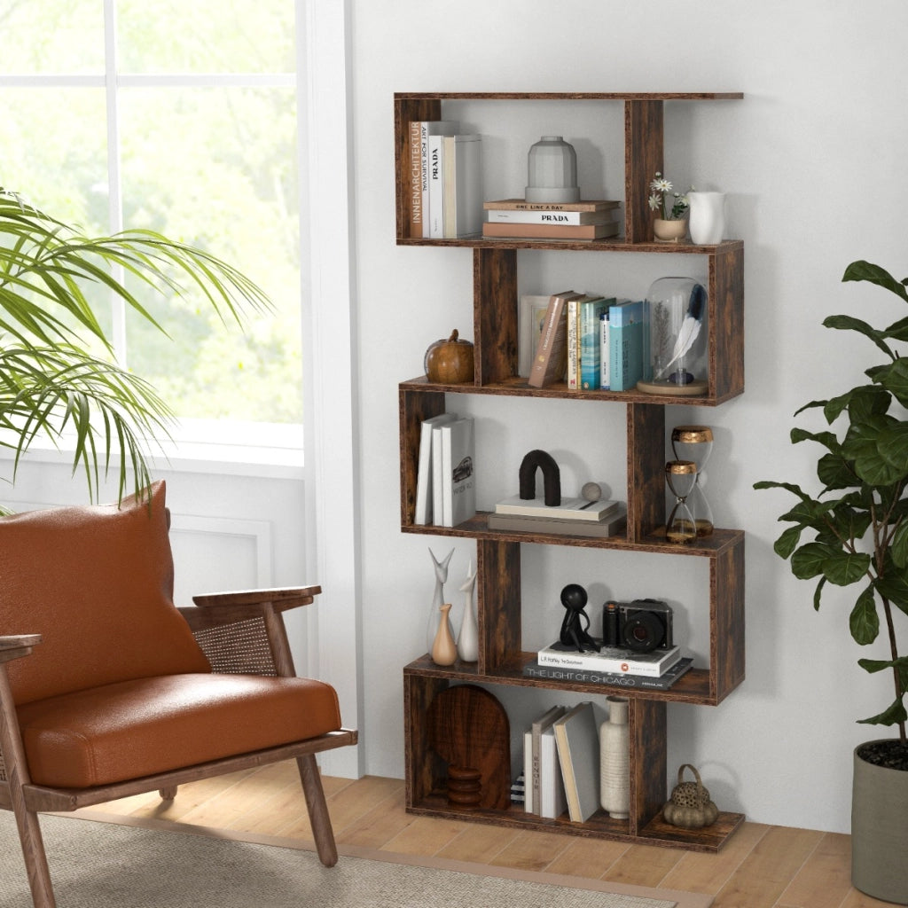Scaffale a 5 ripiani con dispositivo antiribaltamento-Libreria geometrica a forma di S Marrone