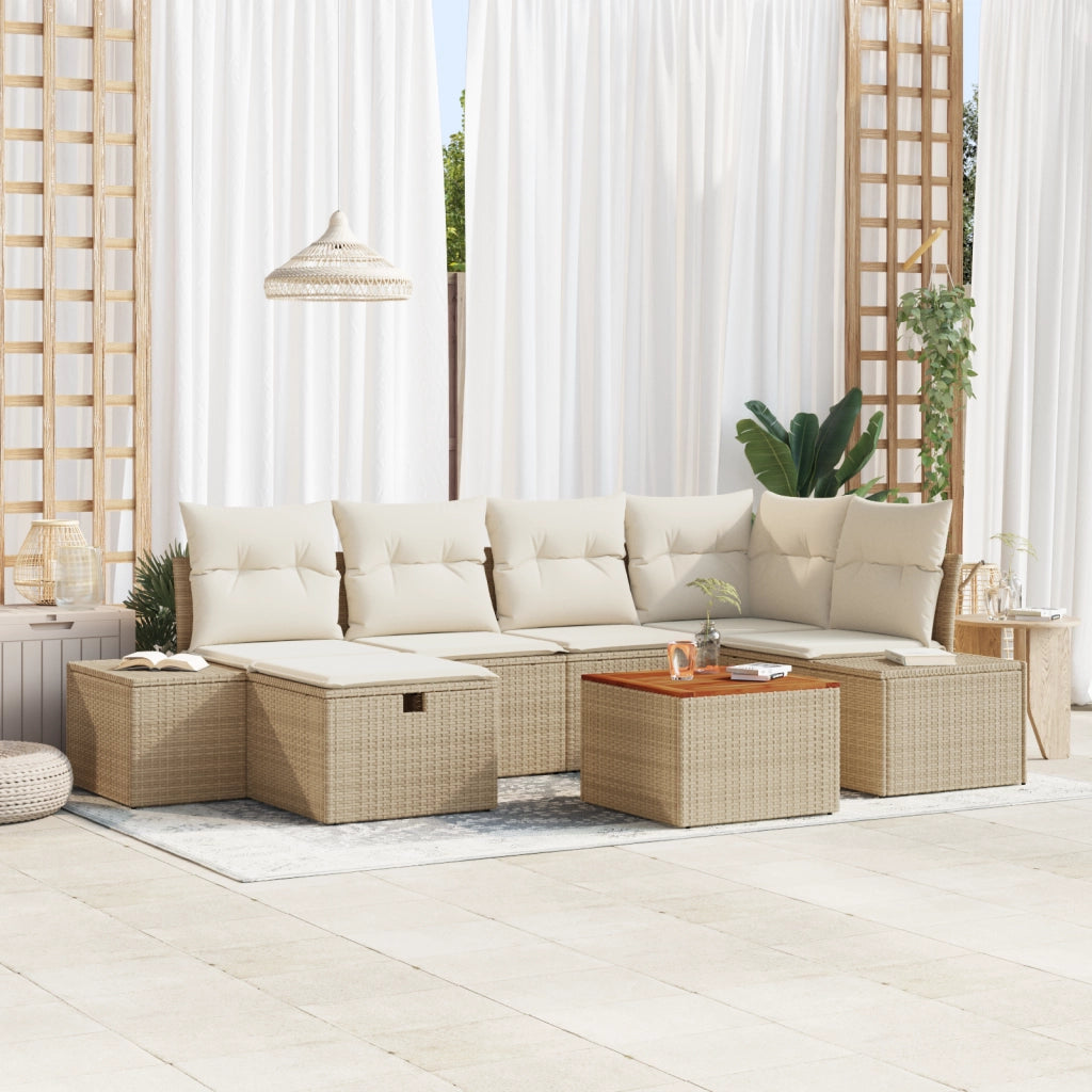 Set di Divano da Giardino 7 Pezzi con Cuscini in Polyrattan Beige