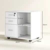 Cassettiera Portadocumenti da Ufficio con 3 Cassetti, Ruote, Serratura e Chiavi, 60x40x56 cm, Bianco