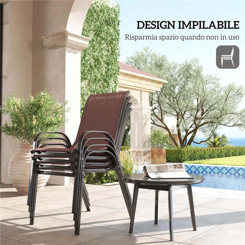 SET 4 SEDIE DA GIARDINO IMPILABILI CON BRACCIOLI CURVI, IN ACCIAIO E TESSUTO TRASPIRANTE, 54X71X93 CM, MARRONE