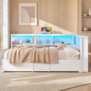 Divano letto in metallo e MDF 90x200 cm con letto estraibile, LED, USB e vani contenitore, bianco