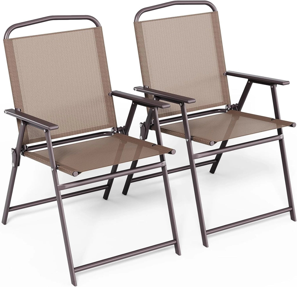 Set di 2 sedie pieghevoli con schienale, braccioli, sedie da terrazza, sedie da pranzo, fino a 150 kg, sedia pieghevole per campeggio, spiaggia, giardino, piscina, terrazza, marrone