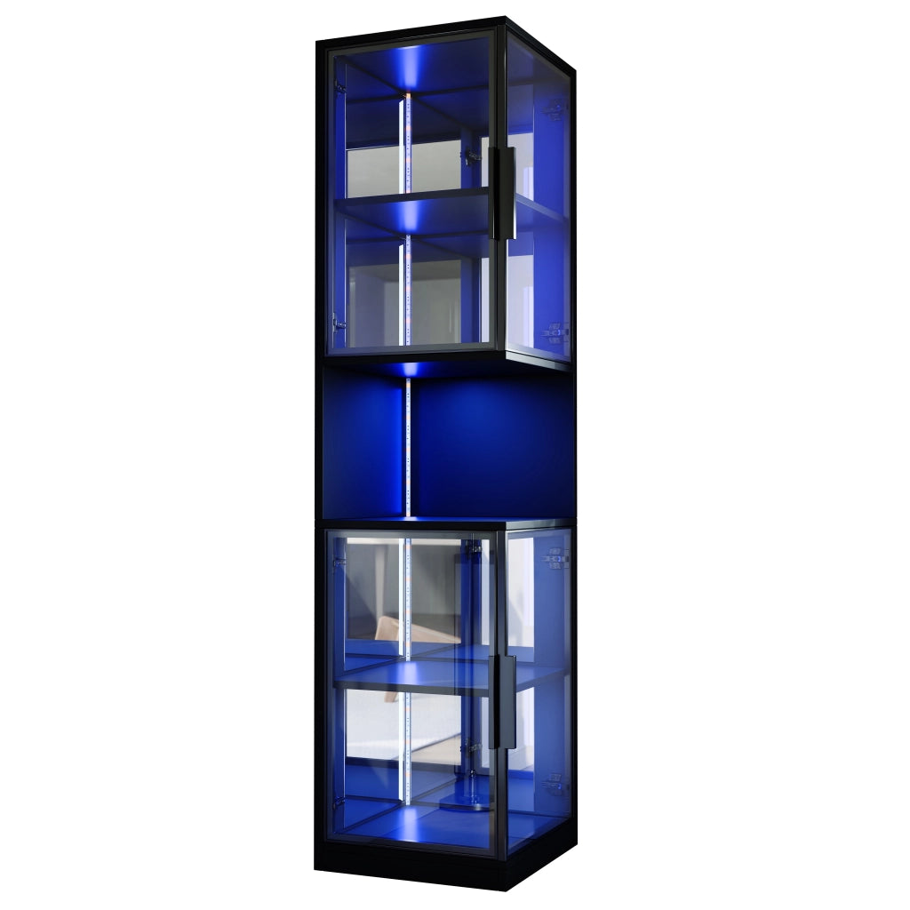 VETRINA LED 205 cm in pannello nero con ante in vetro e schienale a specchio