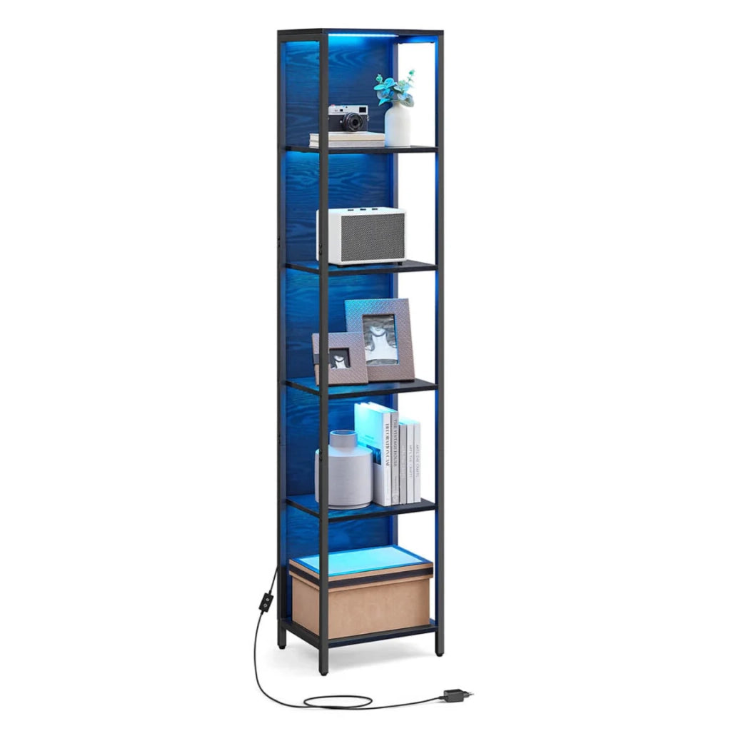 Libreria a LED a 6 ripiani con luce regolabile unità di archiviazione con struttura in acciaio 303 x 60 x 178,6 cm per soggiorno camera da letto ufficio finitura in legno nero 12_0004275