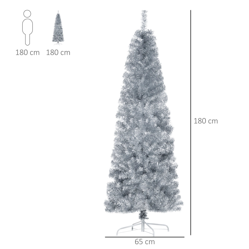 Easycomfort Albero di Natale Artificiale Alto 180cm con 618 Rami, Albero di Natale Slim con Base Rimovibile, in PET e Acciaio, Argento