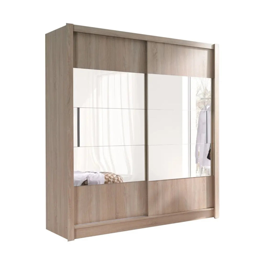 Armadio, guardaroba ROME 180 cm con due porte e specchio, cabina armadio completa con appendiabiti e scaffali, rovere sonoma