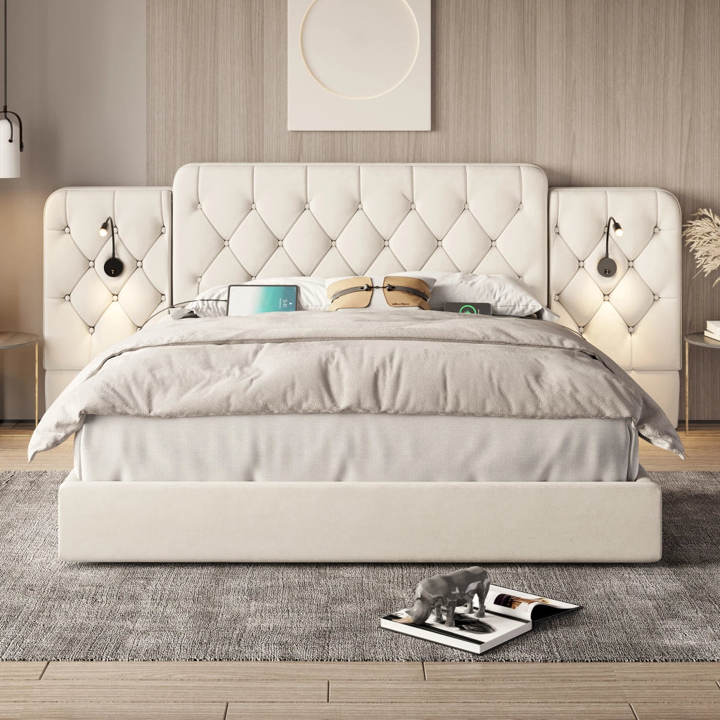 OKWISH Letto Contenitore 180×200 cm, Letto Matrimoniale con 4 Porte USB, Lampade da Lettura e Sollevamento Idraulico, senza Materasso, Velluto, Beige