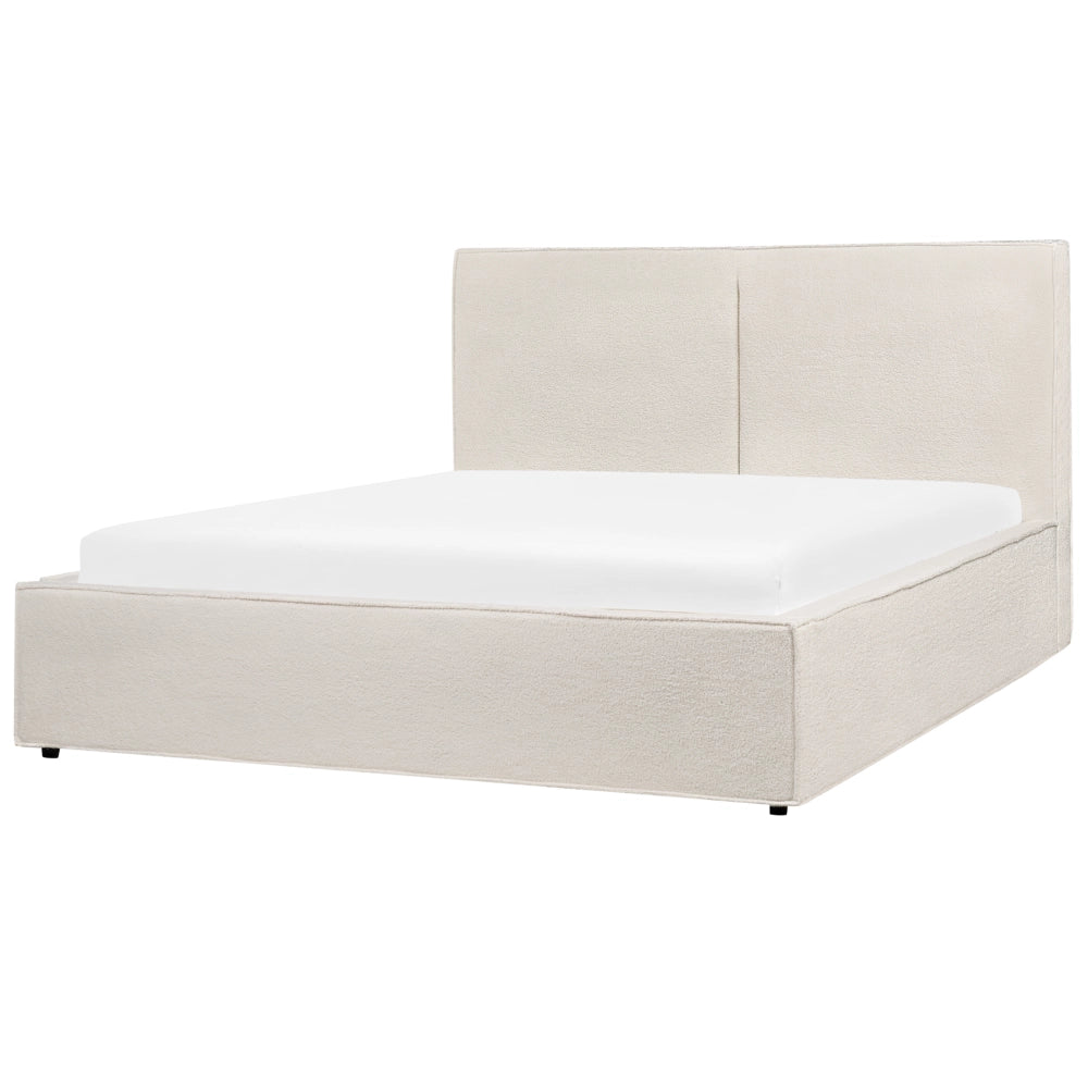 Letto king size 160 x 200 cm Bianco Sporco Rivestimento in bouclé Ottomana di contenitore Telaio a doghe Camera da letto moderna contemporanea