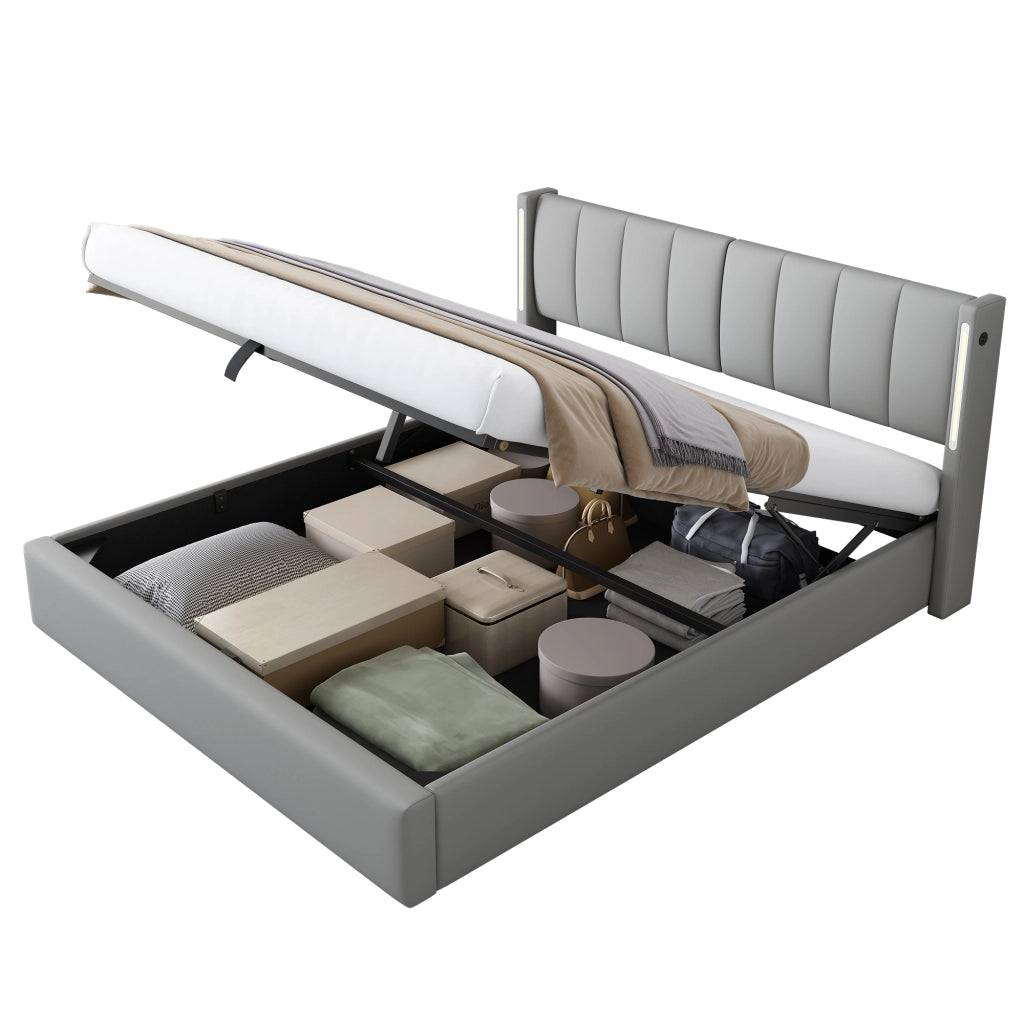 Letto imbottito matrimoniale 180x200 cm in PU grigio con LED, USB, testiera regolabile e vano contenitore