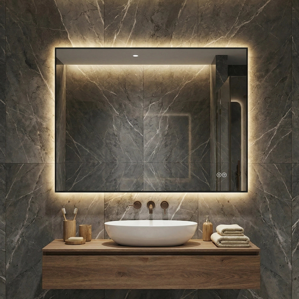 Specchio bagno LED ULEVR con cornice in alluminio, retroilluminazione, antiappannamento e luce dimmerabile