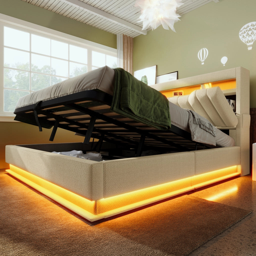Letti contenitori 140x190 cm con LED e ricarica; lino; beige (Senza materasso)