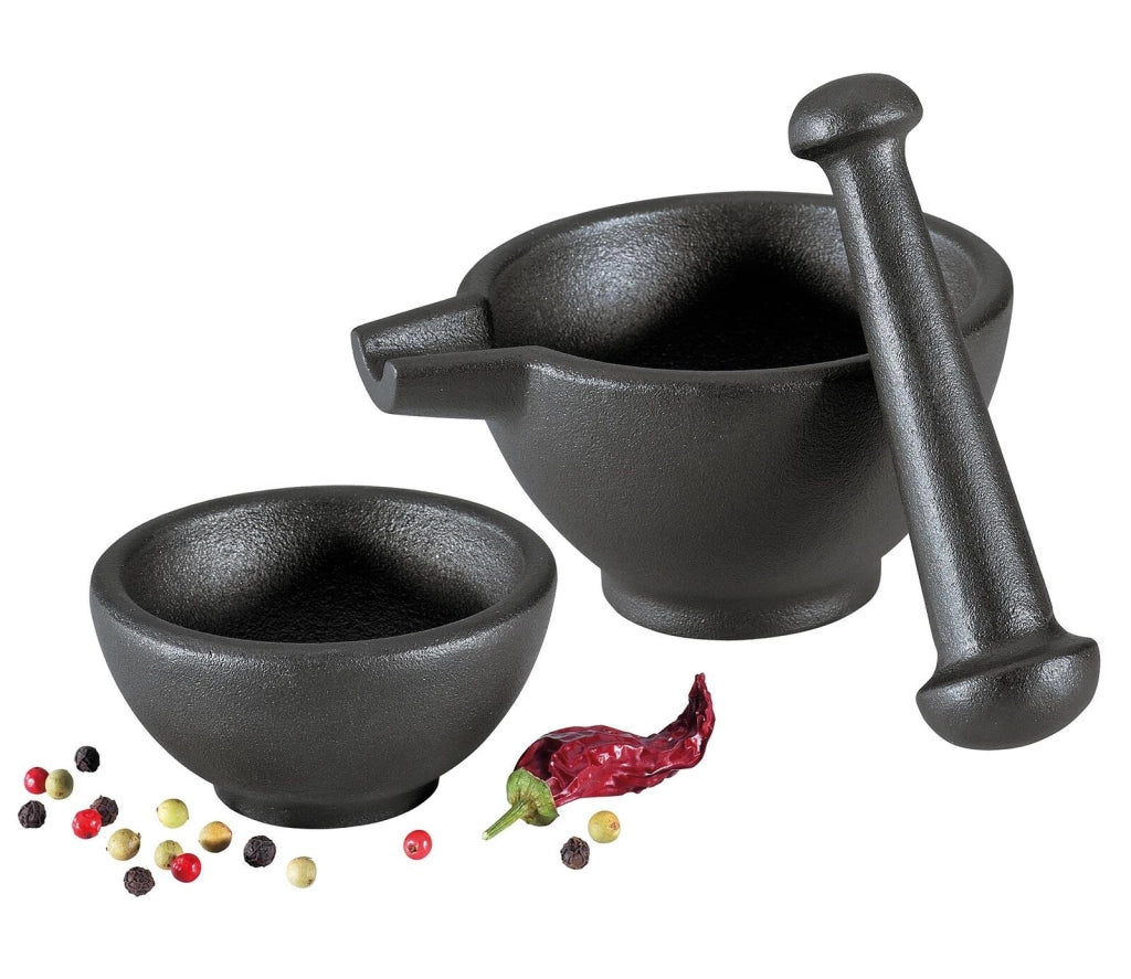 Zassenhaus M076073 Set Mortaio in Ghisa 3 Pezzi Diametro 10 cm e 8,5 cm con Ciotola e Pestello colore Nero