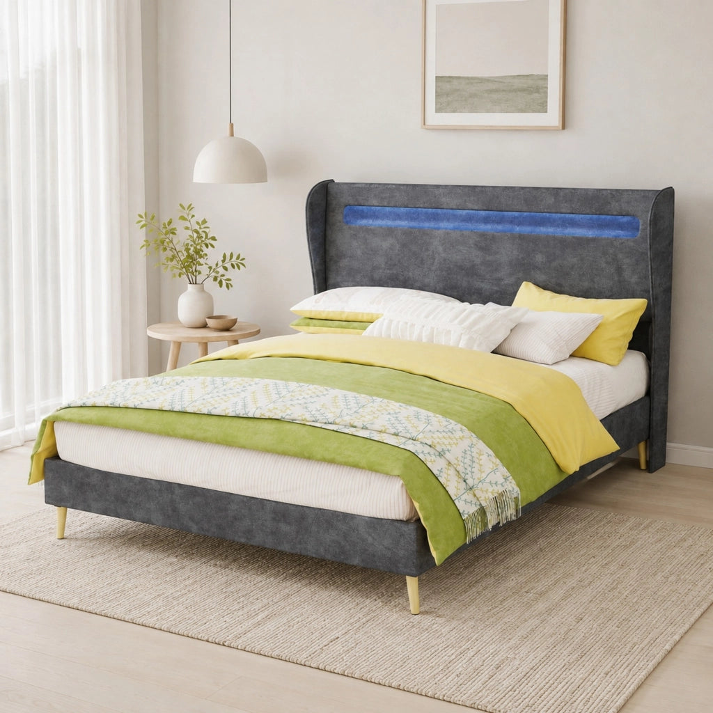 Letto matrimoniale imbottito con testiera regolabile e LED; 140 x 200 cm; grigio