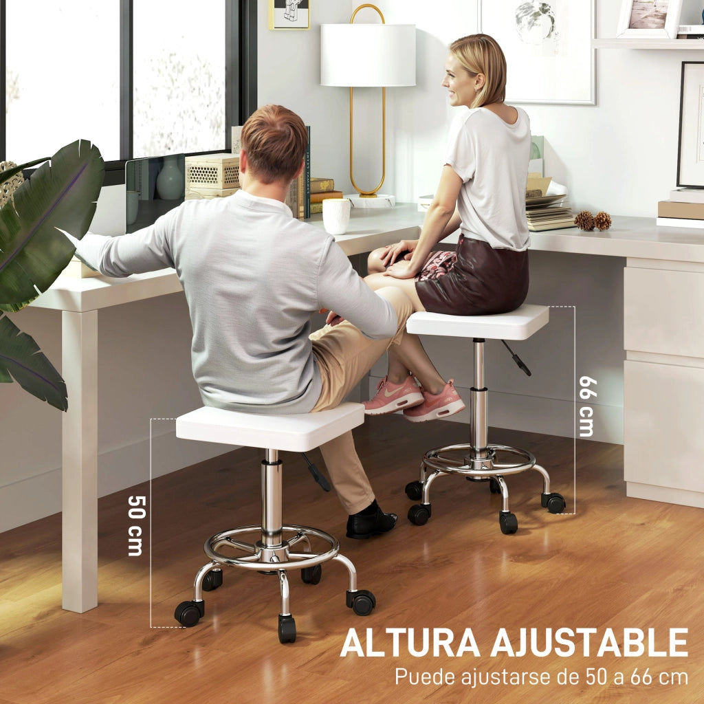 Sgabello Girevole Regolabile con Seduta Imbottita, Poggiapiedi e Ruote ¨C Minimal ¨C 34x34x50-66 cm Bianco