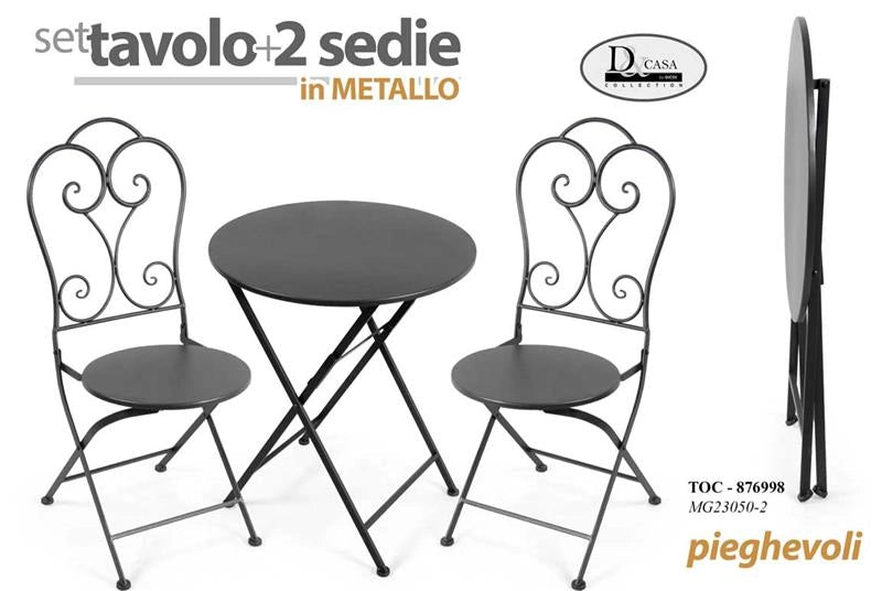 SET TAVOLO + 2 SEDIE IN METALLO GRIGIO SCURO PIEGHEVOLE PER GIARDINO