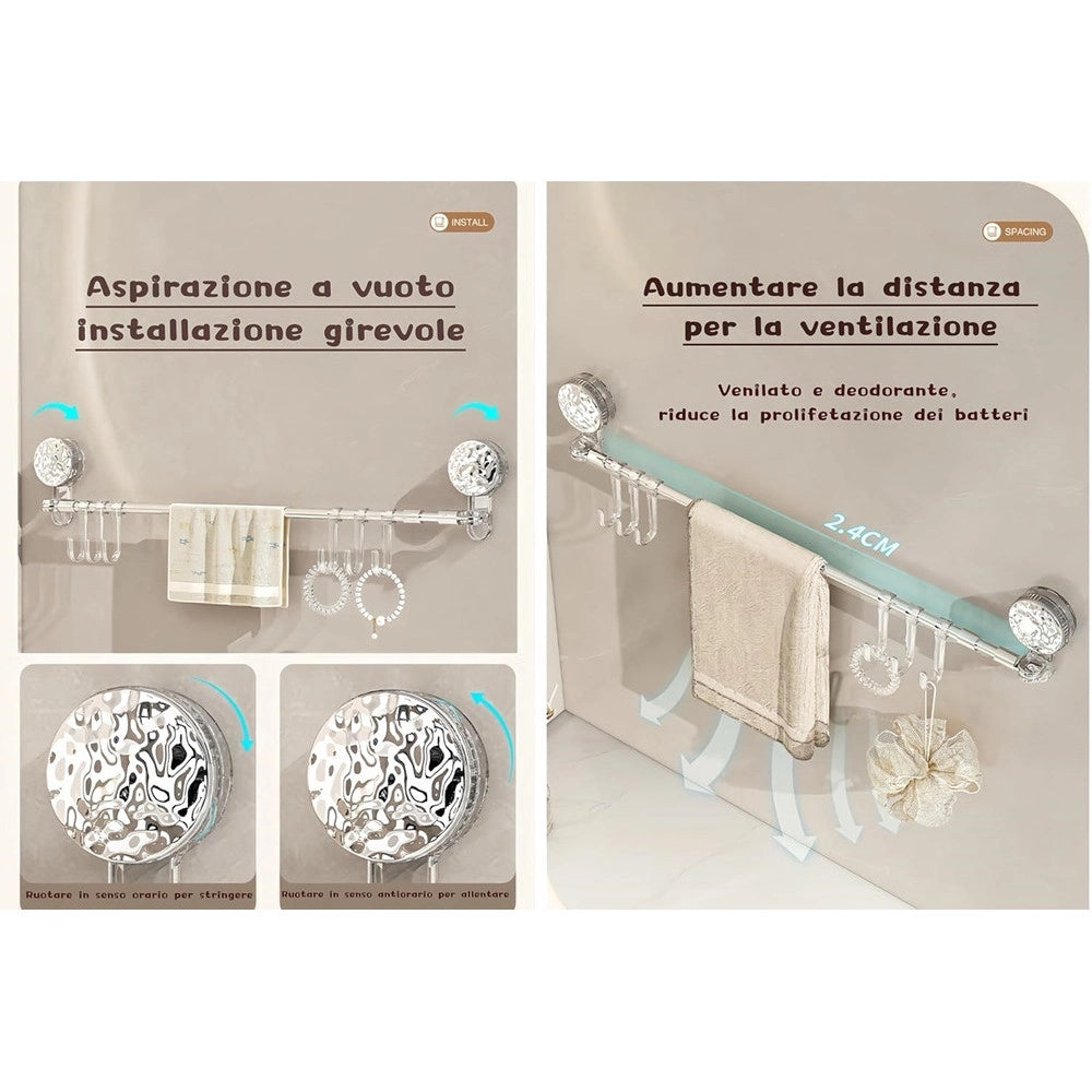 Trade Shop - Bastone Telescopico Regolabile 76-135cm A Ventosa Da Parete Con Ganci Rotazione A 180° -