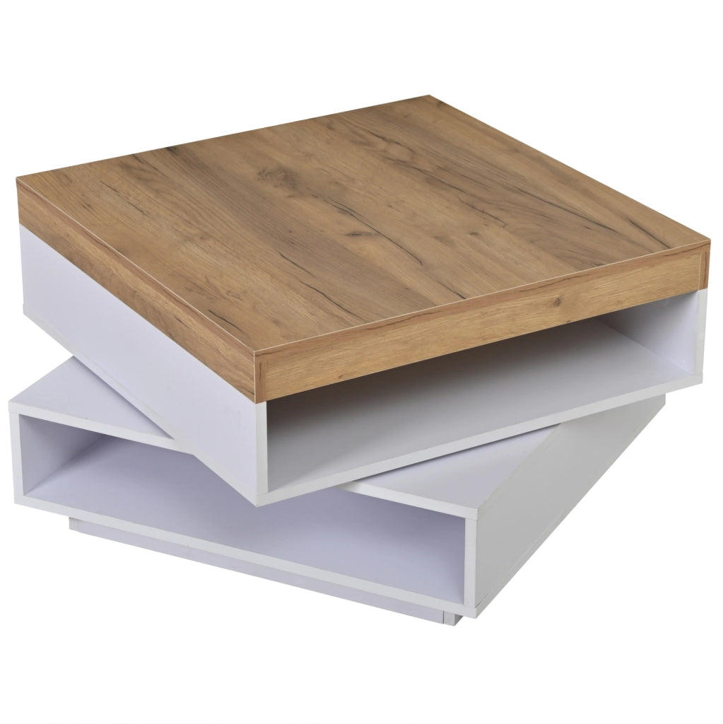 Tavolino da caffè 65x65x40 cm con piano girevole a 360° e LED; MDF; bianco e naturale