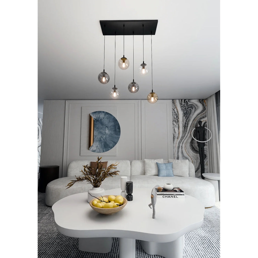Sospensione Moderna 6 Luci Kali In Acciaio Nero E Sfere In Vetro Multicolor