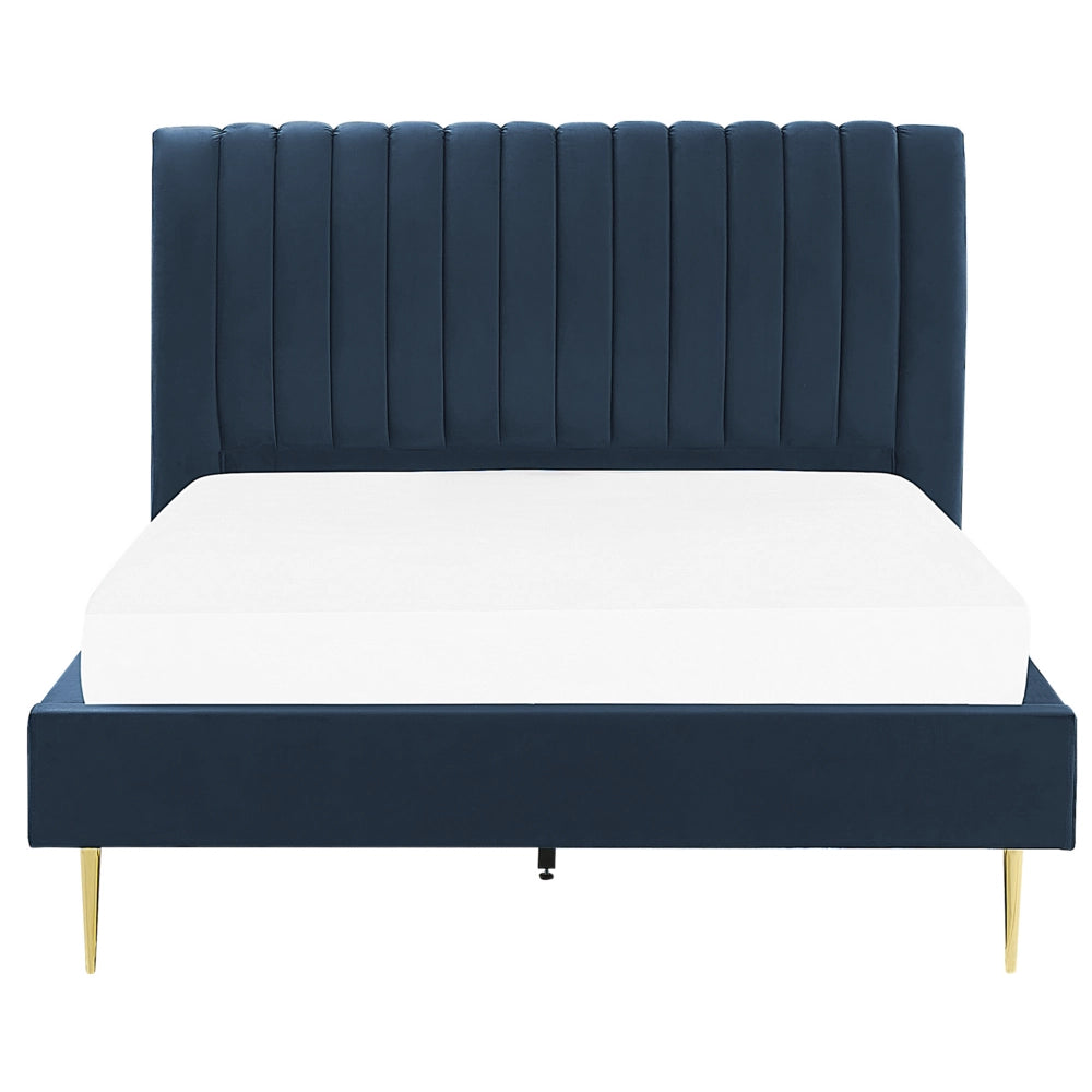 Letto imbottito velluto blu scuro e oro rete a doghe testiera alta 140 x 200 cm testata alta design retrò