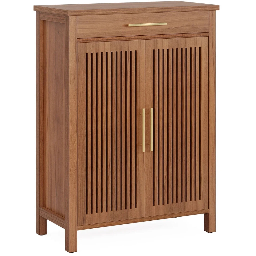 Scarpiera freestanding a 5 ripiani con ante a lamelle e cassetto; MDF e metallo marrone