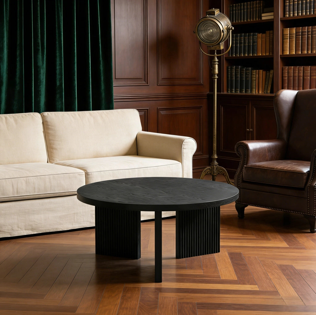 Tavolino da caffè rotondo in MDF nero con design scanalato