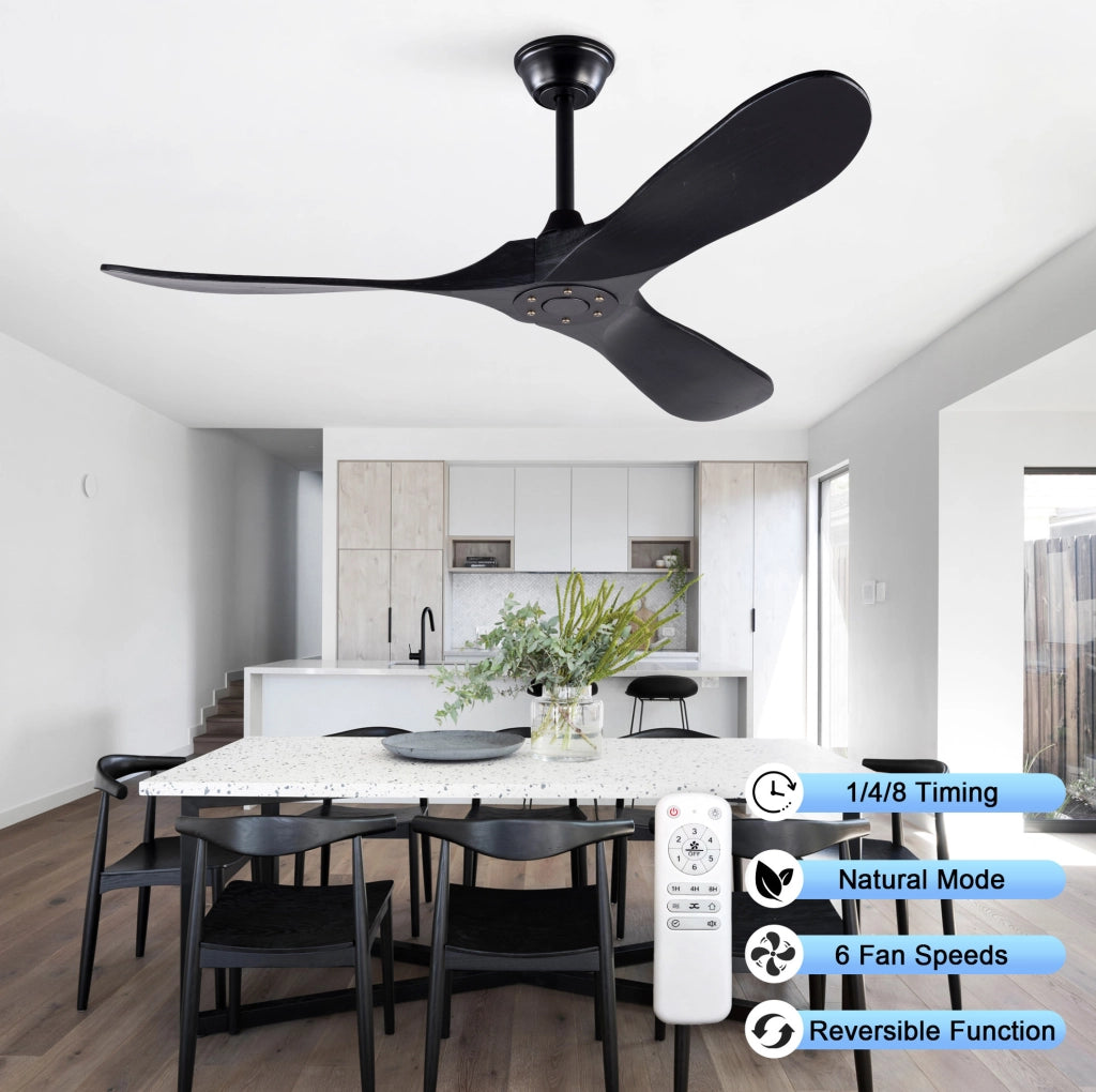 Ventilatore da soffitto 52" nero con 3 pale in legno di Paulownia, telecomando, 6 velocità