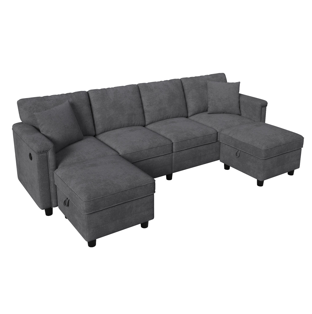 Divano modulare grigio in ciniglia 261x134x82 cm con 2 pouf contenitore; USB e Type-C