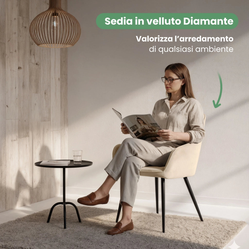Set di 6 Sedie in velluto trapuntato DIAMANTE Beige gambe nere