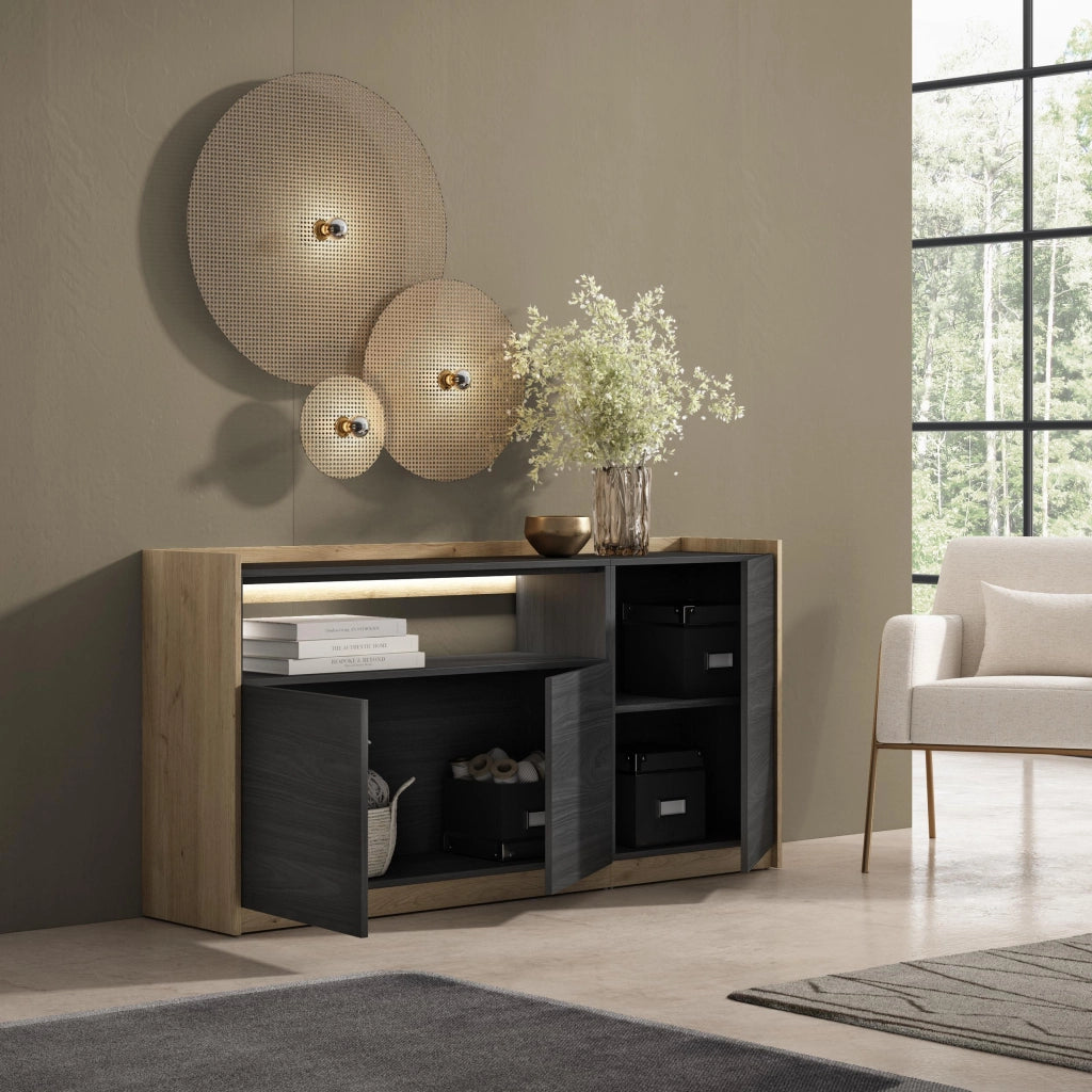 Credenza, Mobile, Cucina, 156x80x37 cm, 3 Porte, LED, Nero e rovere