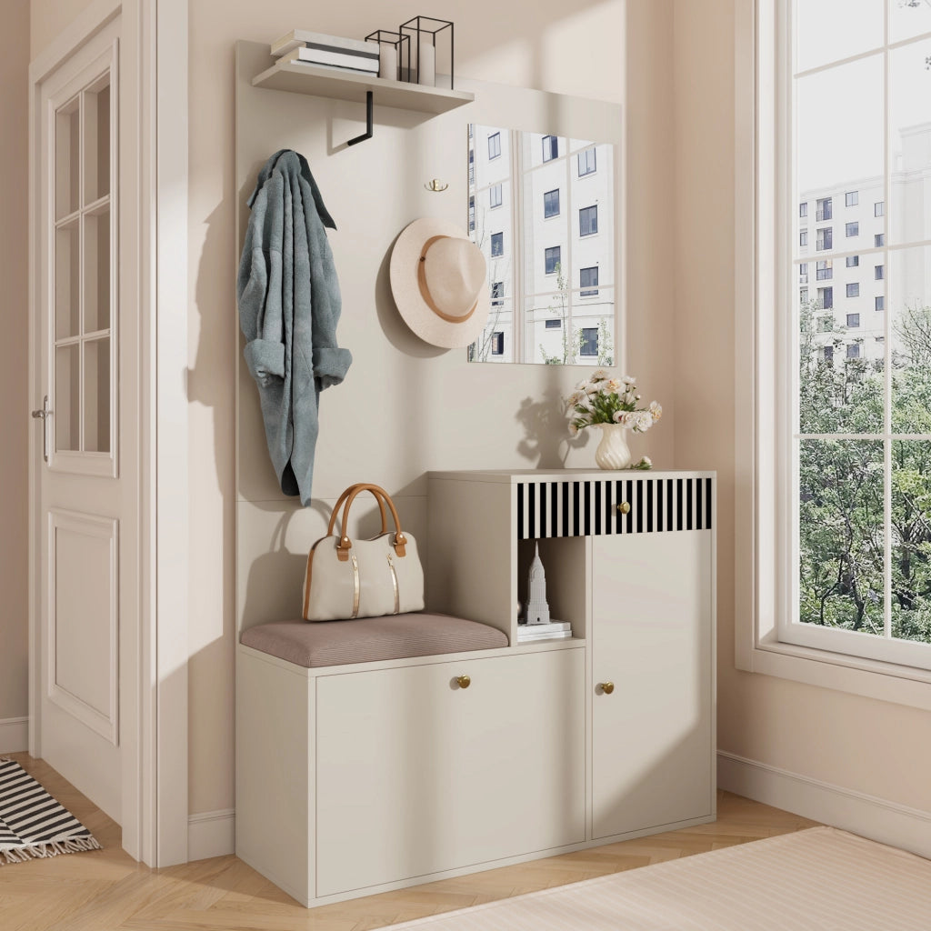 Mobile Ingresso con Specchio; 2 Ante; 1 Cassetto e Ripiani Regolabili; Seduta Imbottita; in MDF; 110??37??185;5 cm; Beige