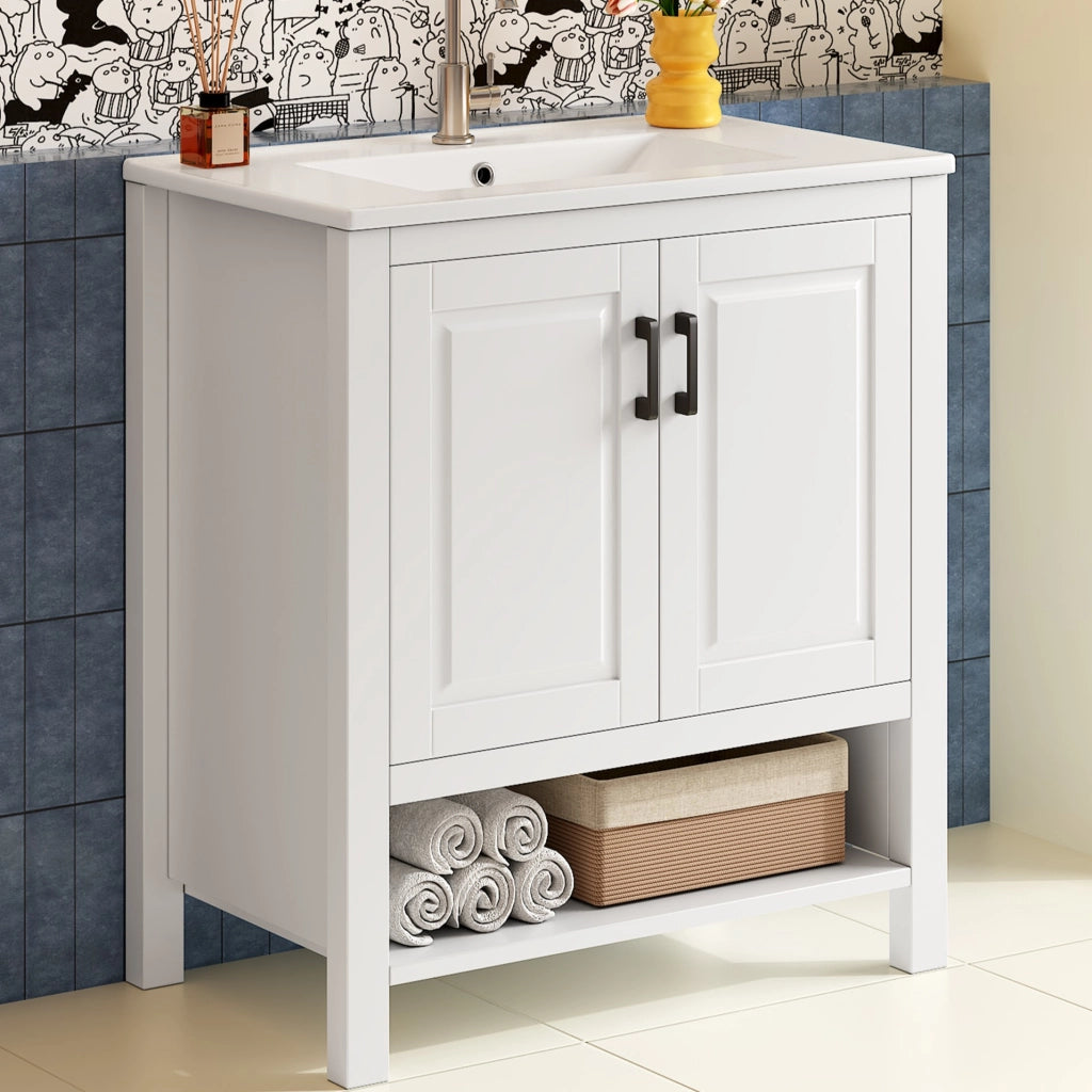 Mobile sottolavabo con lavabo in ceramica, 2 ante e vano aperto per bagno, bianco, 76,5 × 47 × 83 cm