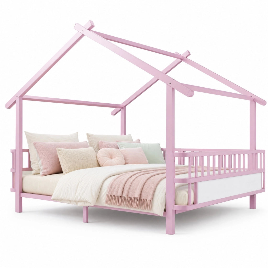 Letto per bambini in metallo con design a casetta 140 x 200 cm, rosa