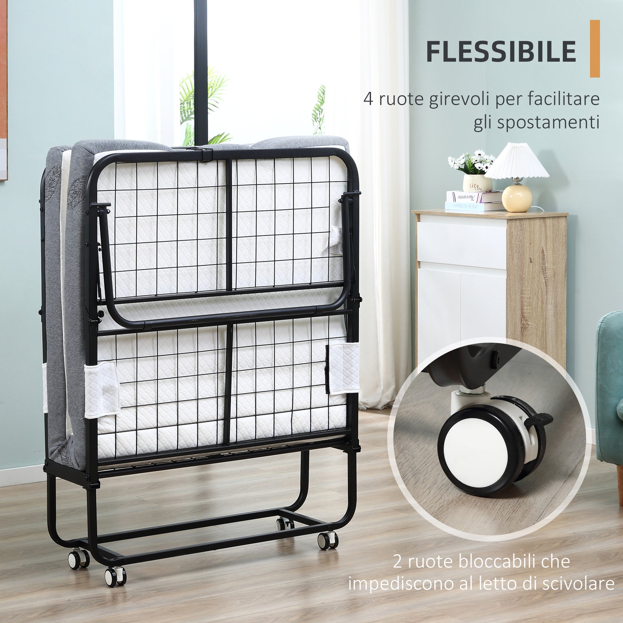 Letto Pieghevole Singolo 90x200 cm con Materasso Spesso 10 cm Rete in Metallo Nero