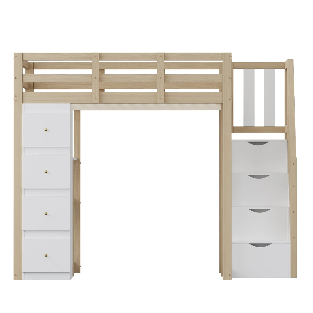 OKWISH Letto a Soppalco 140×200 cm, Letto Matrimoniale con 4 Cassetti, Scala con Cassetti e Mensole, senza Materasso, Naturale e Bianco
