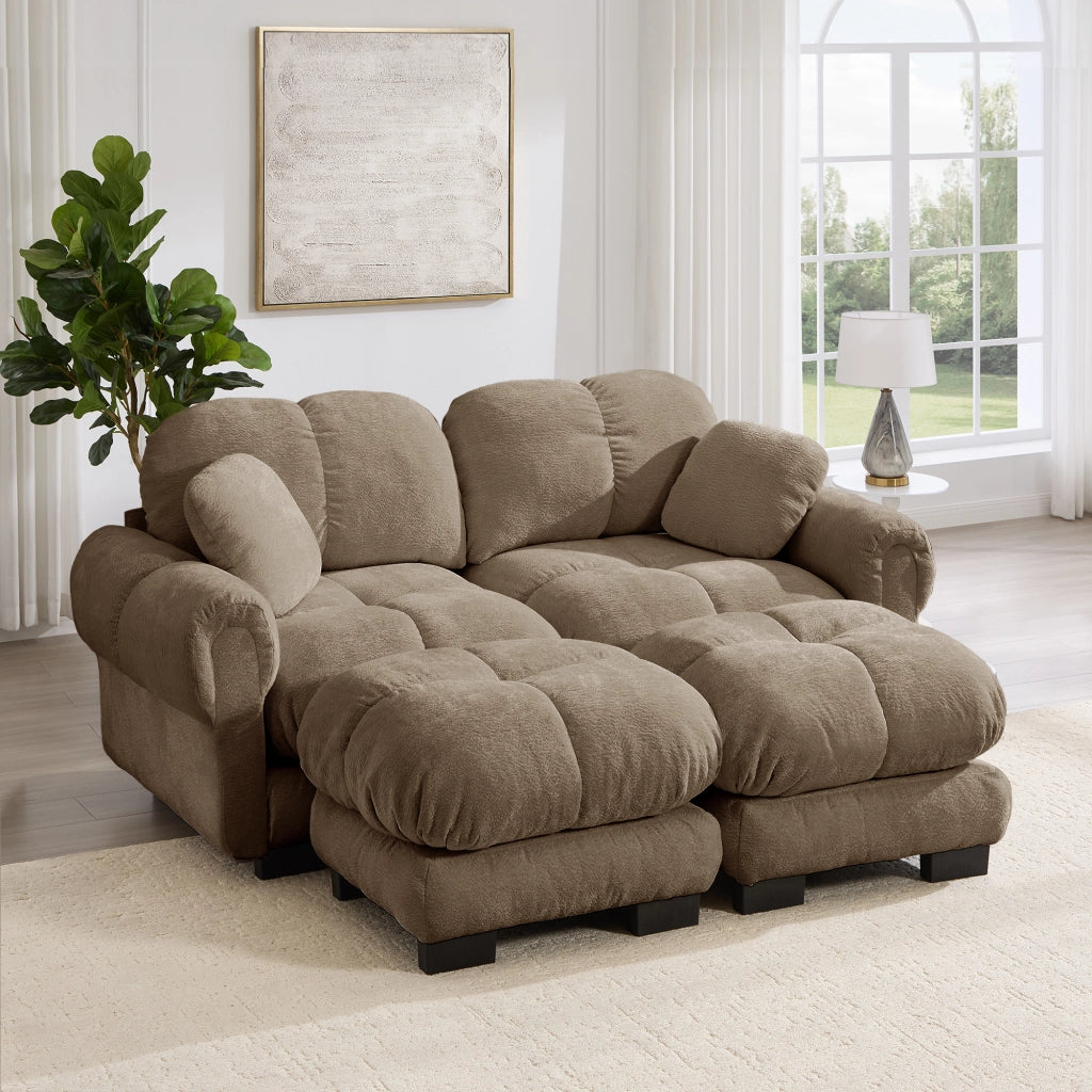 Divano modulare in ciniglia con cuscini trapuntati e seduta spessa, con pouf mobile marrone 190 × 149 × 90 cm