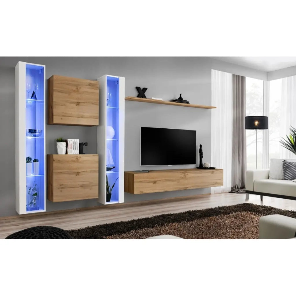 Set di mobili da salotto a parete SWITCH XVI design, colore rovere Wotan e bianco lucido.