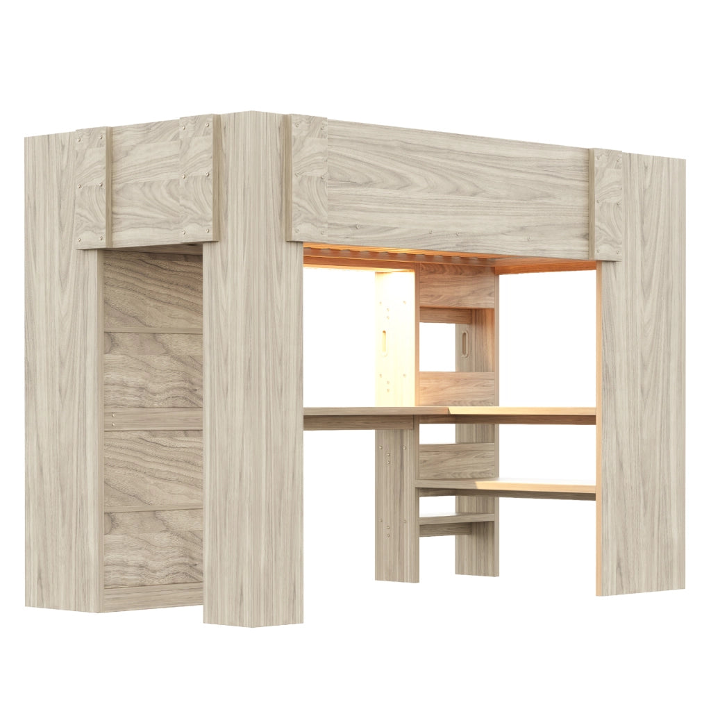 Letto a soppalco 90 x 200 cm con scrivania; armadio; ripiani; LED e rete a doghe; legno naturale