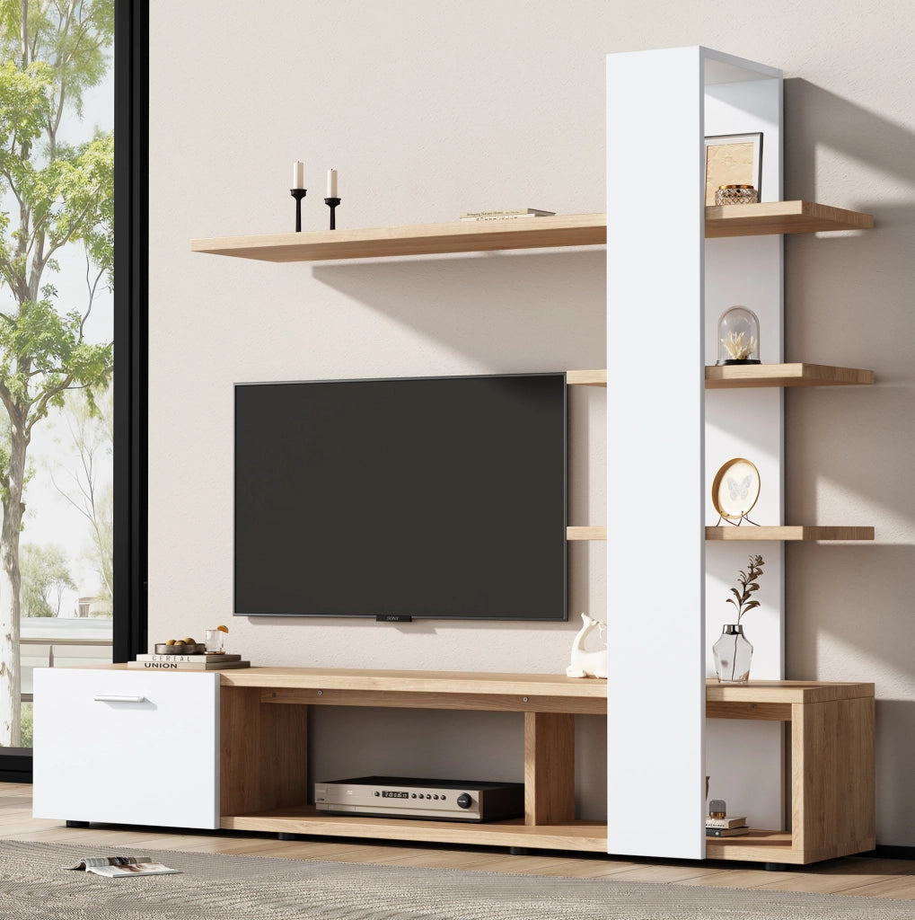 Mobile TV da parete 180x33.5x151.5 cm per TV fino a 60 pollici con ripiani e anta in truciolare bianco e naturale