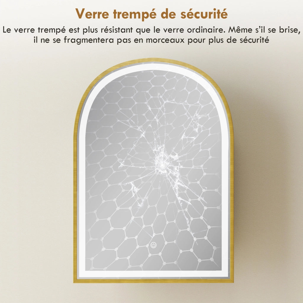 Armadietto da bagno con specchio e luce LED, porta ad arco, anti-appannamento ¨C Zephmum ¨C Dorato 50x14.5x70 cm