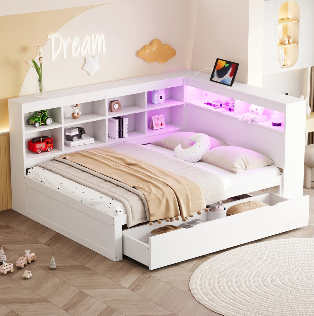 Divano letto 140x200 cm; con USB e LED; legno bianco