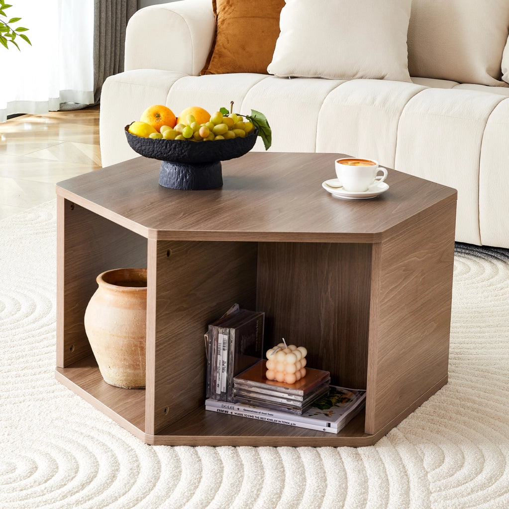 Tavolino da salotto esagonale ULEVR in MDF marrone con gambe cilindriche effetto noce