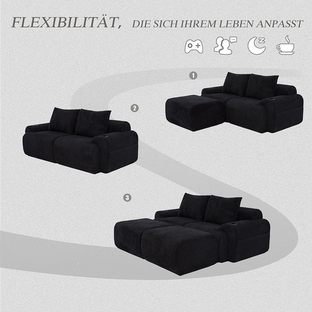 Canap¨¦ modulabile in velluto costato per 2 persone - Xylo - Con sgabelli, porta bevande, tasche laterali