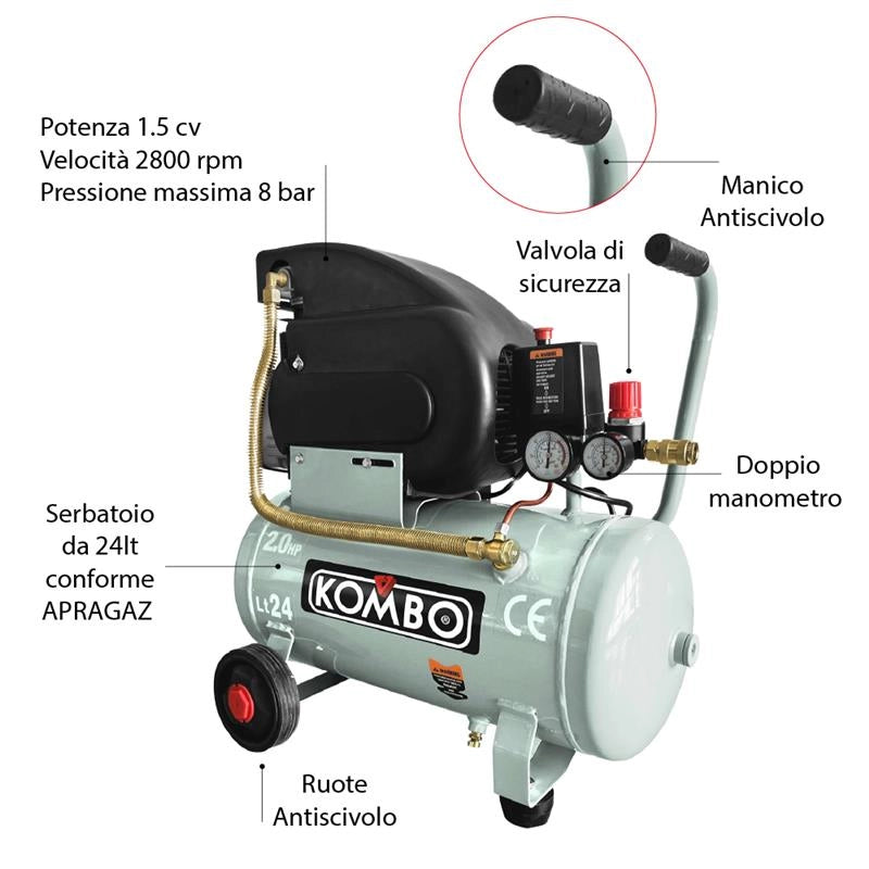 COMPRESSORE ELETTRICO PER ARIA COMPRESSA 230V-50HZ SERBATOIO 24LT 2800 RPM PRESSIONE MASSIMA 8 BAR 550X270X590 MM