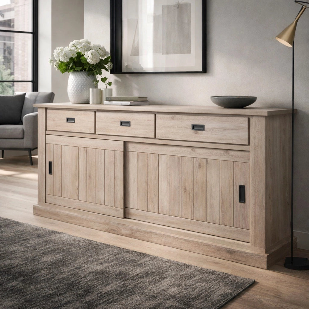 Madia Credenza Con 3 Cassetti 2 Ante Scorrevoli E 4 Ripiani Interni Mobile Dispensa Per Cucina Soggiorno Zona Living Design Classico Moderno 220 X 50 X 95 Cm Rovere Alaska