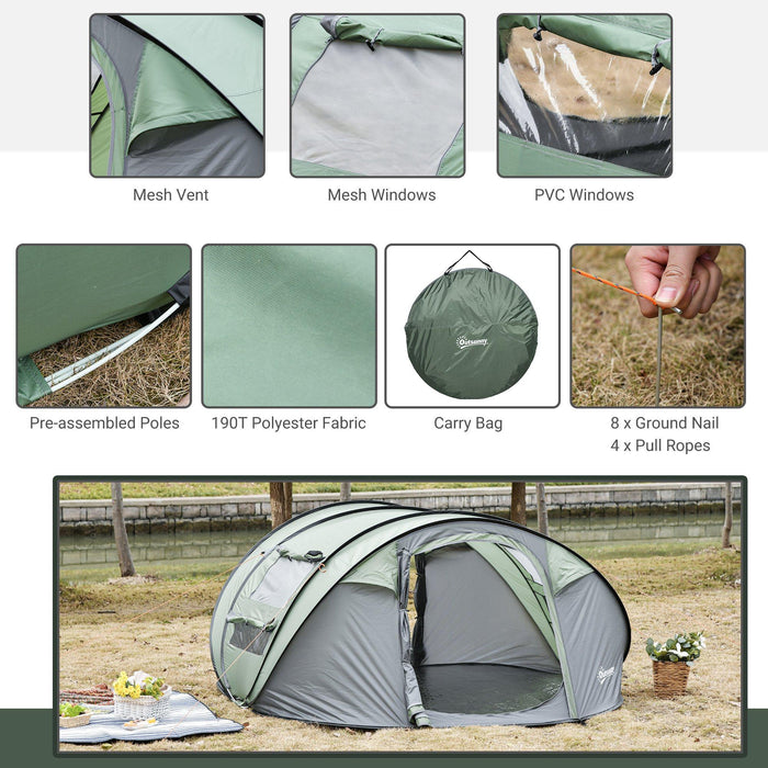 Tenda da Campeggio Pop Up 4-5 Persone 263,5x220x123 cm con Porte e Finestre Verde e Grigio