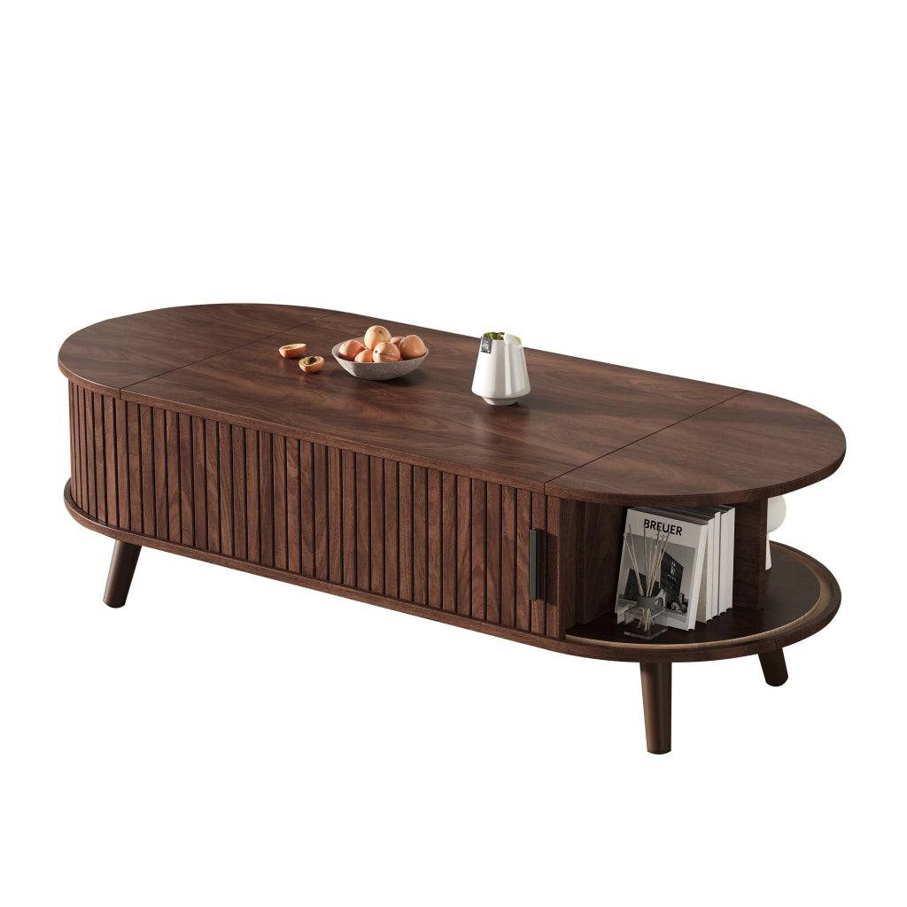 Tavolino da salotto elevabile con vano contenitore e 4 ripiani; in MDF; stile noce; per soggiorno; 120×50×39.5 cm