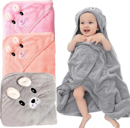 Asciugamano per bambino con cappuccio, 3 pezzi, asciugamano per bambino con cappuccio, asciugamano per bambino personalizzato con orecchie, asciugamano per bambino con cappuccio per neonati, 80 x 80 cm (rosa chiaro + arancione + grigio chiaro)
