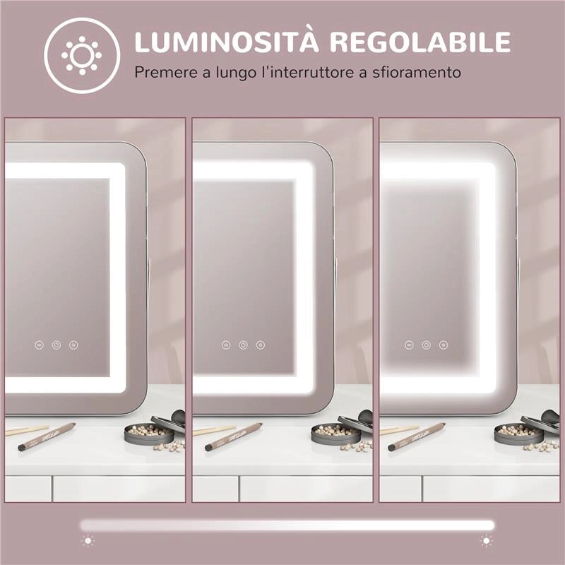 SPECCHIO TRUCCO CON LUCI REGOLABILI A 3 COLORI, PRESA USB E SPECCHIETTO INGRANDITORE 10X, 31X41.5X3CM, BIANCO