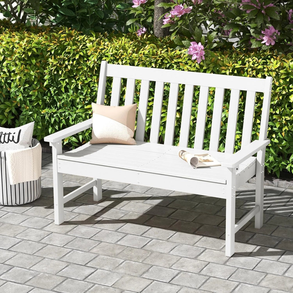 GIANTEX Panca da giardino per 2 persone, panca da parco in plastica con schienale alto, panca da esterno, resistente alle intemperie, per giardino, patio, terrazza, 132 x 65 x 91 cm (bianco)
